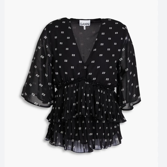 GANNI Black Graphic V Neck Georgette Flounce Blouse Short Sleeve sz 38 US 6 NWT - Picture 5 of 15